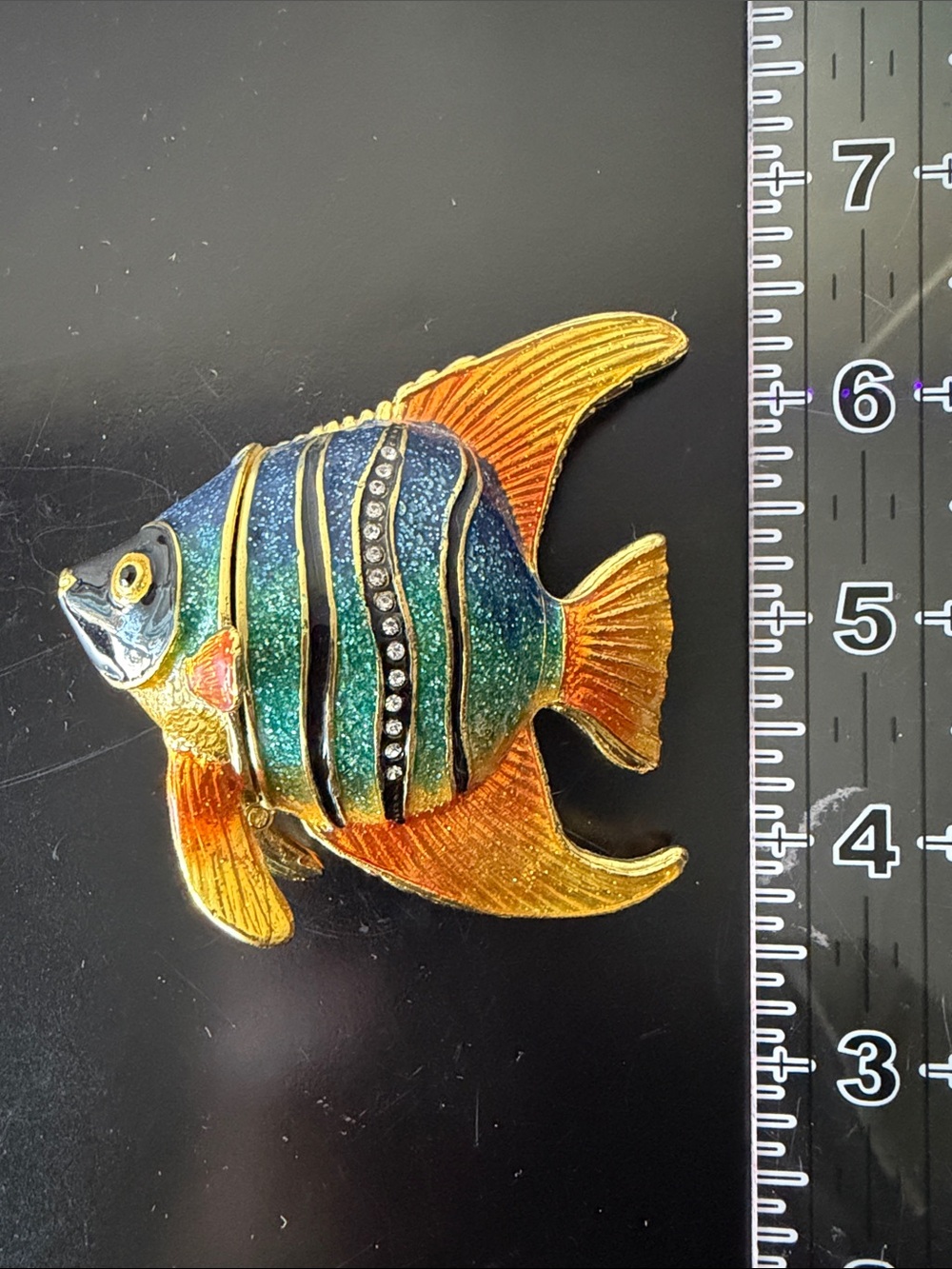 Vintage Collectable Angel Fish Trinket Box Vibrant Color Enamel And Rhinestones